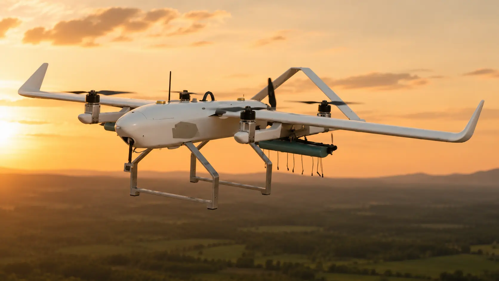 Defense and tactical UAVs in flight above a rugged field environment during reconnaissance and patrol missions.