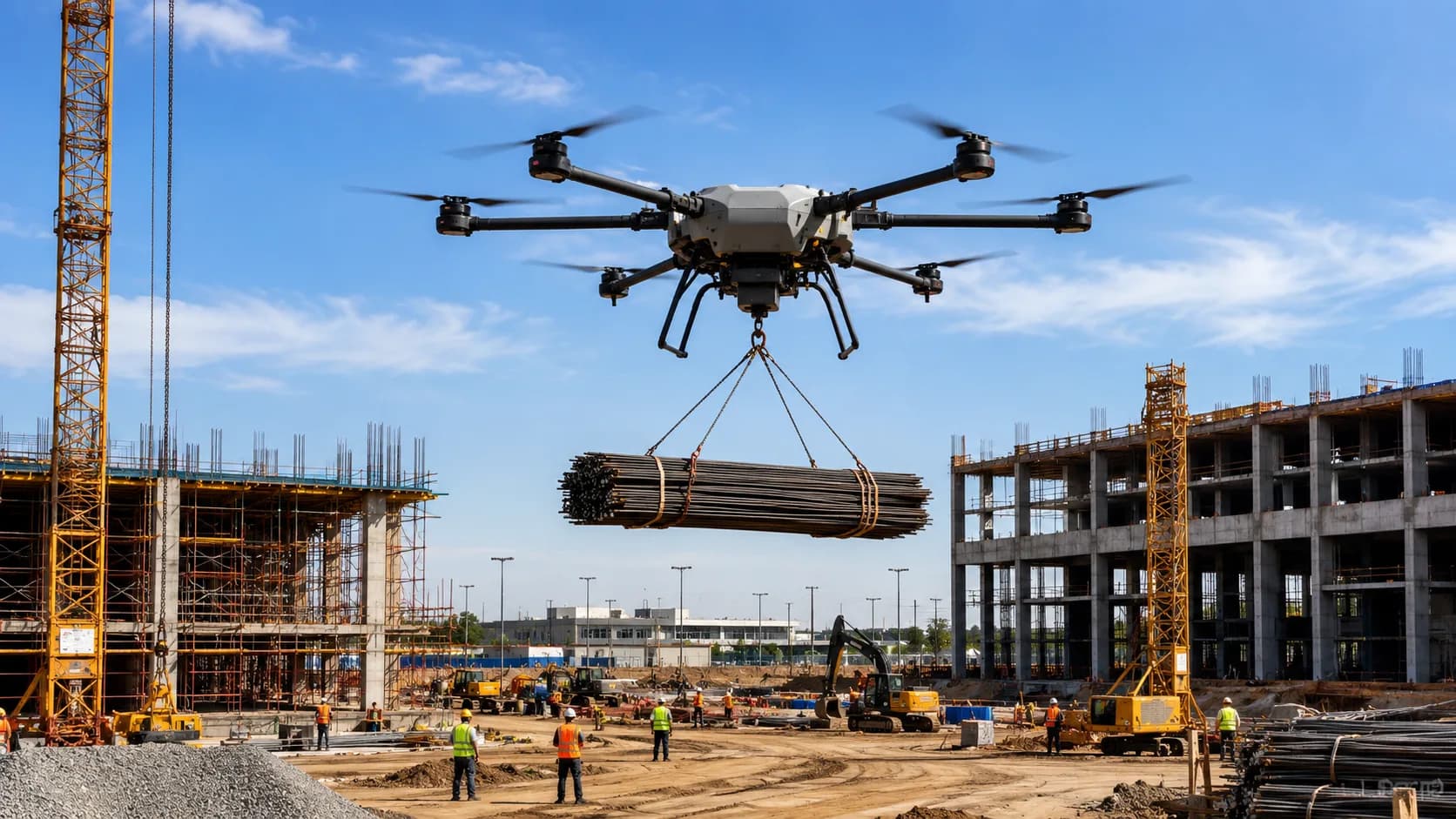 Heavy-lift cargo drone transporting steel rebar across a construction site for industrial logistics operations.